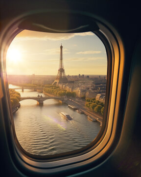 paris at sunset seen through window of aeroplane - ai generative
