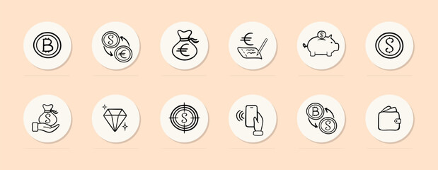 Finance line icon. Bitcoin, e-currency exchange, piggy bank, diamond, euro. Pastel color background. Vector line icon