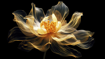 Golden x-ray image of a ethereal flower on black. Fantasy mystical blossom. Generative AI - obrazy, fototapety, plakaty