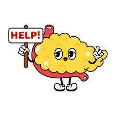 Cute funny Pancreas with an inscription help character. Vector hand drawn traditional cartoon vintage, retro, kawaii character illustration icon. Isolated white background. Pancreas character