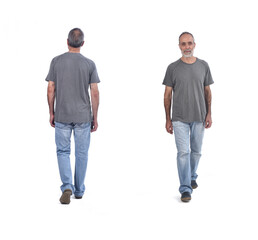 front and back view of same men walking on white background