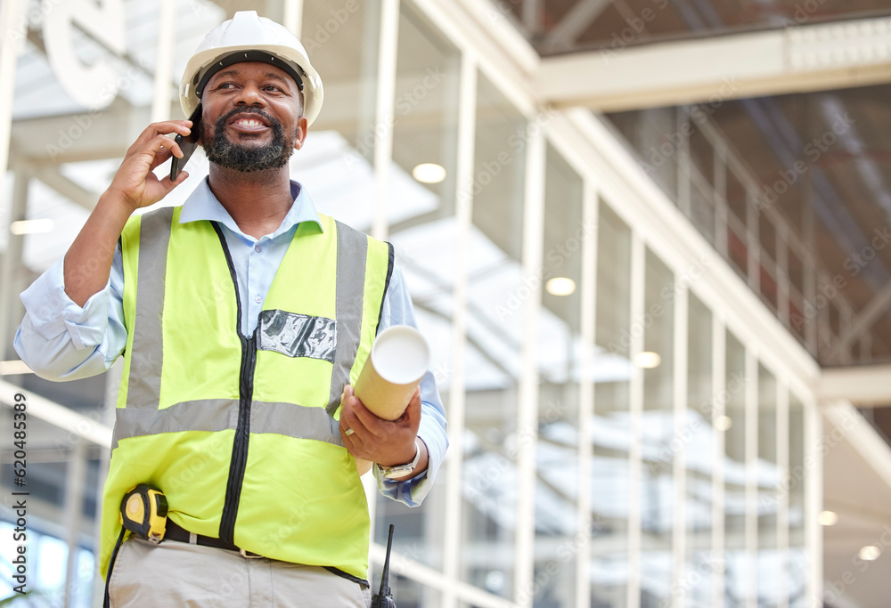 Poster architecture, black man or engineer on a phone call conversation for building construction. blueprin