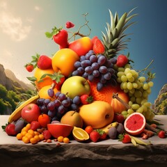 Naklejka na ściany i meble Free photo mixed fruits with apple banana orange and other generative AI
