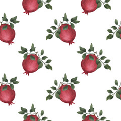 Pomegranate branches with leaves. Watercolor illustration. Seamless pattern
