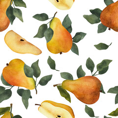 Pear branches with leaves. Watercolor illustration. Seamless pattern