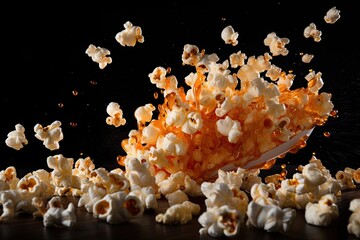 Flying popcorn, isolated on black background