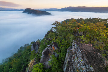 Naklejka premium Landscape in the morning at Pha Muak mountain, border of Thailand and Laos, Loei province, Thailand.
