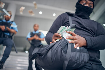 Bank, robbery and police running after criminal for justice, punishment and safety, serious and danger. Crime, corruption and man robber with stolen money running for security, law or financial loss - obrazy, fototapety, plakaty