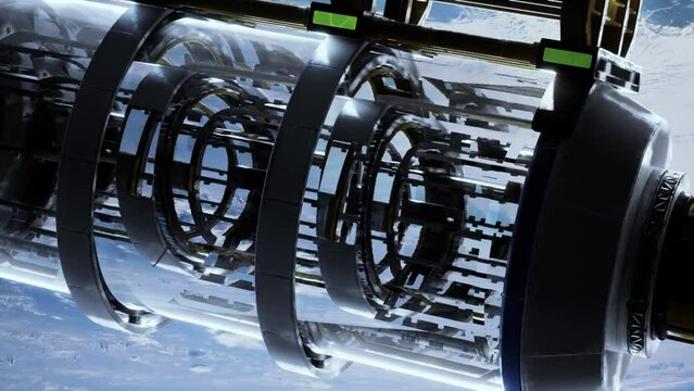 innovative laboratory made of metal and glass, like a spaceship, rotating in orbit around Earth. elements furnished by nasa