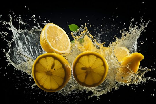 A group of oranges with splashing water on them. AI