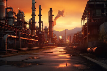 Fototapeta na wymiar Petrochemical Refinery Complex in the morning, with its industrial structures and chimneys rising against the scenic backdrop. Generative AI.