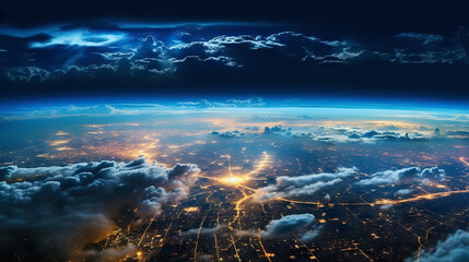 Fototapeta na wymiar Panoramic view on planet Earth globe from space. Glowing city lights, light clouds. Generative AI