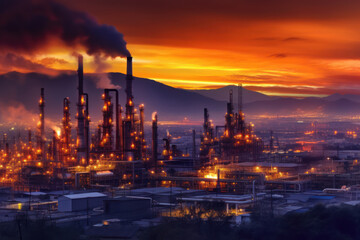 Plakat Petrochemical Refinery Complex in the morning, with its industrial structures and chimneys rising against the scenic backdrop. Generative AI.