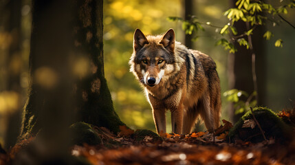 Fototapeta premium loup dans une forêt de type Française pour montrer sa réintroduction