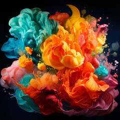 Abstract explosion of colors in paint splashes, isolated on black. Mixed liquid vivid flow, flower shaped, for creative background - Generative AI
