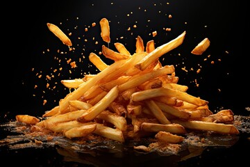 French fries - fried potatoes flying on black background - obrazy, fototapety, plakaty