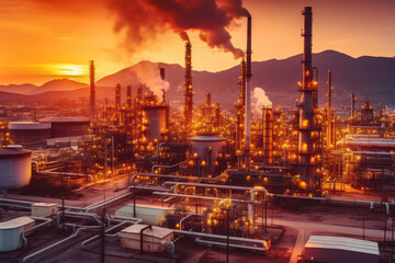 Fototapeta na wymiar Petrochemical Refinery Complex in the morning, with its industrial structures and chimneys rising against the scenic backdrop. Generative AI.