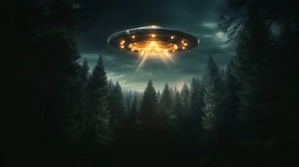 Fotobehang UFO landing in Forest during the Night, scary, alien, dark © PHdJ