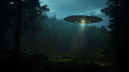 Gordijnen UFO floating in the night sky, eerie alien, dark © PHdJ