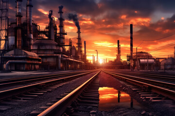 Petrochemical Refinery Complex in the morning, with its industrial structures and chimneys rising against the scenic backdrop. Generative AI.