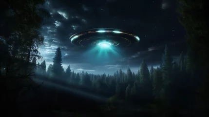 Fotobehang UFO flying in the night sky, alien, dark, fright, scary © PHdJ
