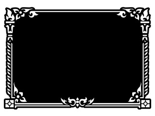 horizontal black and white stencil square Traditional vintage floral design border frame.