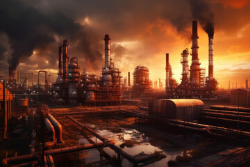 Petrochemical Refinery Complex in the morning, with its industrial structures and chimneys rising against the scenic backdrop. Generative AI.