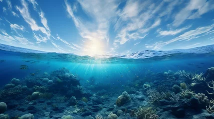 Zelfklevend Fotobehang Split underwater view with sunny sky and serene sea © karandaev