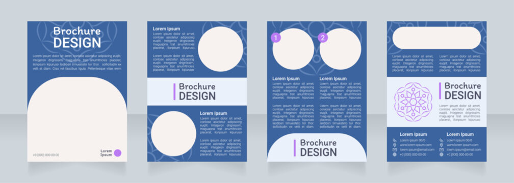 Blue meditation ornamental blank brochure design. Template set with copy space for text. Premade corporate reports collection. Editable 4 paper pages. Roboto Light, Medium, Itim Regular fonts used
