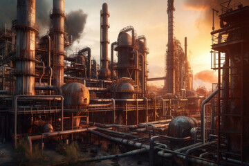 Petrochemical Refinery Complex in the morning, with its industrial structures and chimneys rising against the scenic backdrop. Generative AI.