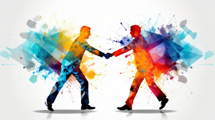 Fototapeta na wymiar Colorful business partnership illustration with two businessman silhouette shaking hands
