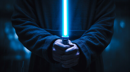 Man hand holding a blue light saber