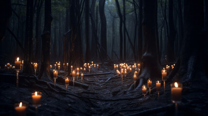 Many candles in dark forest background