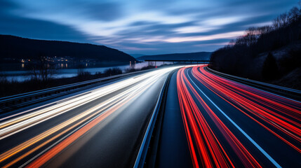 Long exposure of a road with light trails of passing vehicles at night