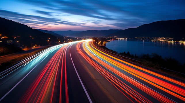 Long exposure of a road with light trails of passing vehicles at night