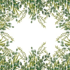 Watercolor greenery template for wedding invitation and greeting card. Floral background. Hand drawn illustration