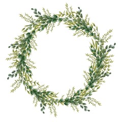 Watercolor greenery wreath. Floral background, greenery branches for wedding decor. Hand drawn illustration