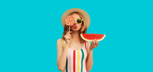 Summer portrait of happy young woman with fresh juicy fruits, lollipop and slice of watermelon...