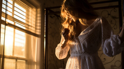 Sexy woman wearing a lace babydoll in a bedroom with window and sunset light