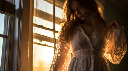 Sexy woman wearing a lace babydoll in a bedroom with window and sunset light - obrazy, fototapety, plakaty