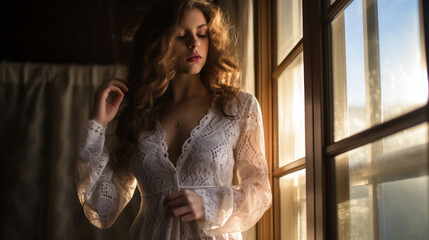 Fototapeta Sexy woman wearing a lace babydoll in a bedroom with window and sunset light obraz