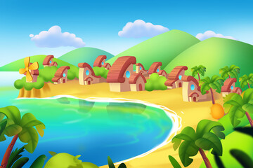 Beautiful Blue Lake and Green Dune in Desert Oasis. Fantasy Backdrop Concept Art Realistic Illustration Video Game Background Digital Painting CG Artwork Scenery Artwork Serious Book Illustration
