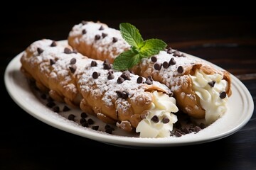 A delicious chocolate-covered pastry on a white plate. AI