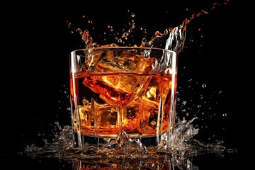 Glass of splashing whiskey or other alcohol with ice cube isolated on black background