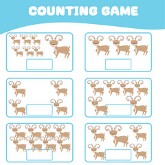 Mathematic counting worksheet. Count picture and write activity. Worksheet for kid. Educational printable worksheet. Vector illustration.
