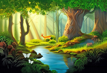 Small creak and deer with beautiful plants in the forest, AI generative