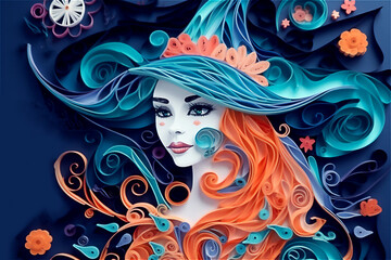 Halloween witch, paper cut art. Happy halloween concept. Post processed AI generated image.