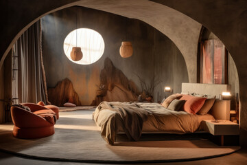 Fototapeta na wymiar Chic, spacious and atmospheric cavelike bedroom