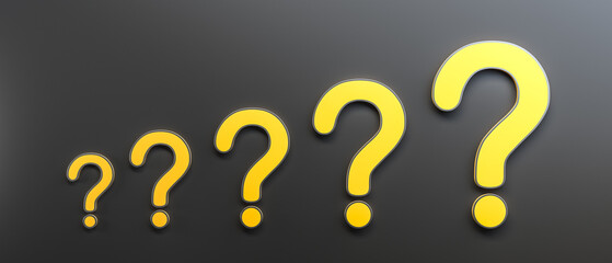 Yellow question mark on black background, FAQ Concept. 3D Rendering