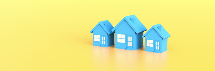 Blue house on yellow background with empty copy space. Hunting and searching concept. 3D Rendering